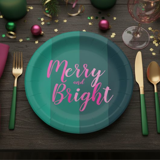 Assiettes En Carton Christmas Merry and Bright Green Pink Party