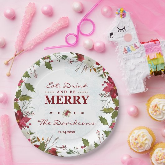 Assiettes En Carton Christmas Poinsettia Frame Mange Boire et sois Joy (Fête)