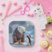 Assiettes En Carton Christmas Polar Bear and Penguin On a Glacier (Fête)