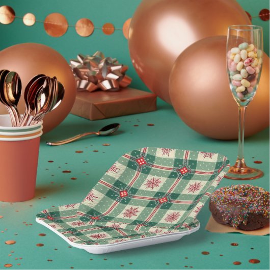 Assiettes En Carton Christmas Red Snowflakes Green Checks Pattern (Multi)