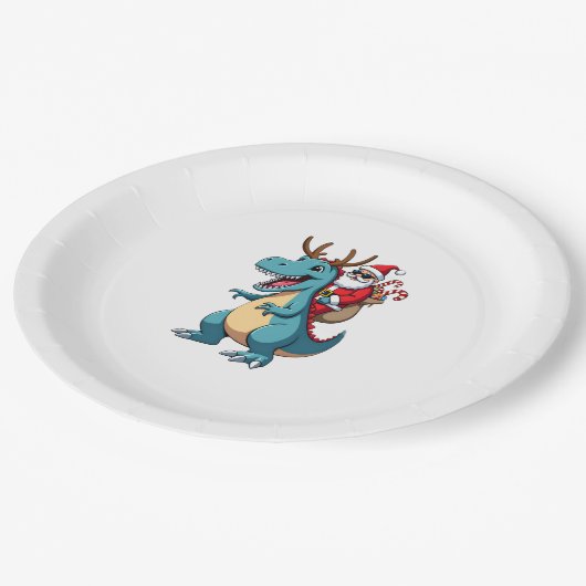 Assiettes En Carton Christmas Santa Riding Dinosaur Deer Xmas (1) (Angle)