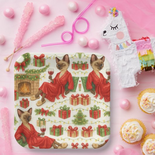 Assiettes En Carton Christmas Siamese Cat is celebrating at home (Fête)
