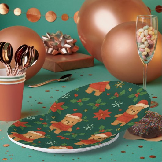 Assiettes En Carton Christmas Teddy Bear Pattern – Cute Green Holiday (Multi)