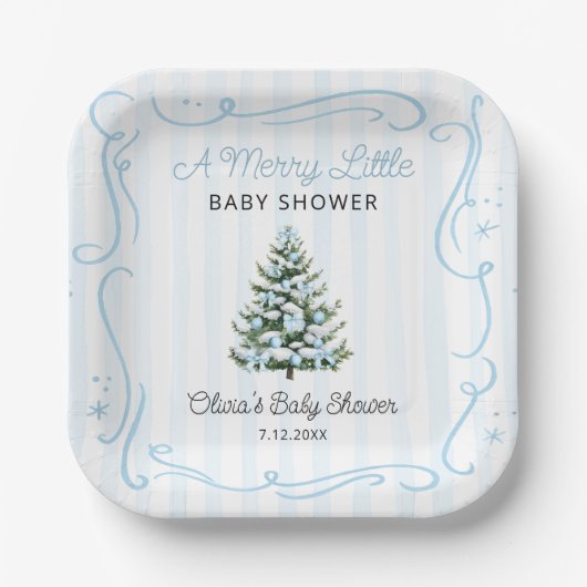 Assiettes En Carton Christmas Tree Blue Winter Baby Shower (Recto)