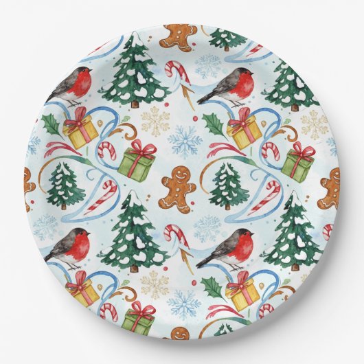 Assiettes En Carton Christmas watercolor pattern (Devant)