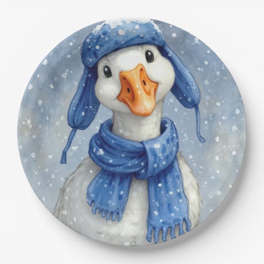Assiettes En Carton Christmas White Winter Goose With Blue Scarf (Devant)