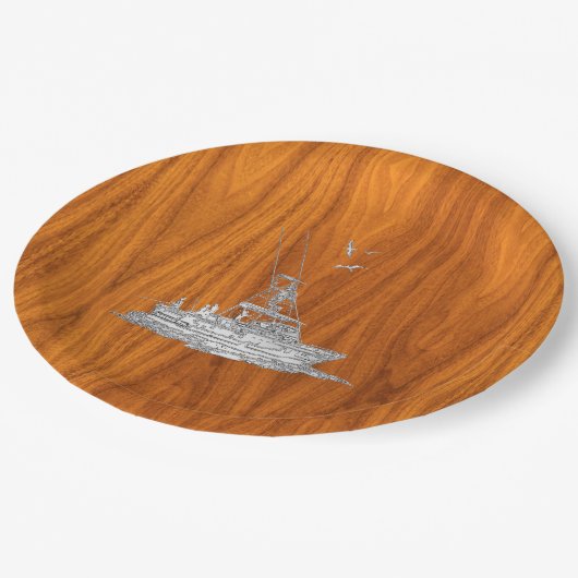 Assiettes En Carton Chrome Comme bateau de pêche sur bois de teck (Angle)