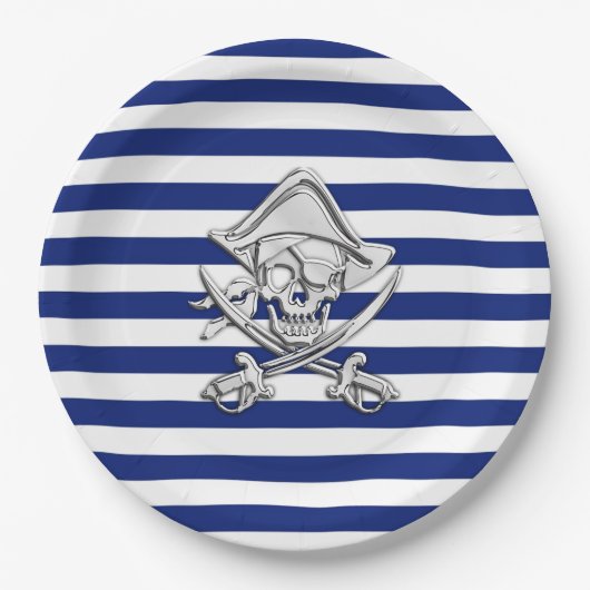 Assiettes En Carton Chrome comme Pirate sur les rayures de marine (Devant)