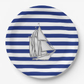 Assiettes En Carton Chrome Sailboat sur les rayures nautiques (Devant)