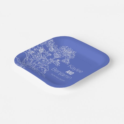 Assiettes En Carton Chrysanthème blanc sur fleurs bleues mariage (Angulaire)