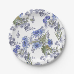 Assiettes En Carton Chrysanthèmes bleus, aquarelle
