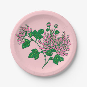Assiettes En Carton Chrysanthèmes d'araignée chinois - rose doux