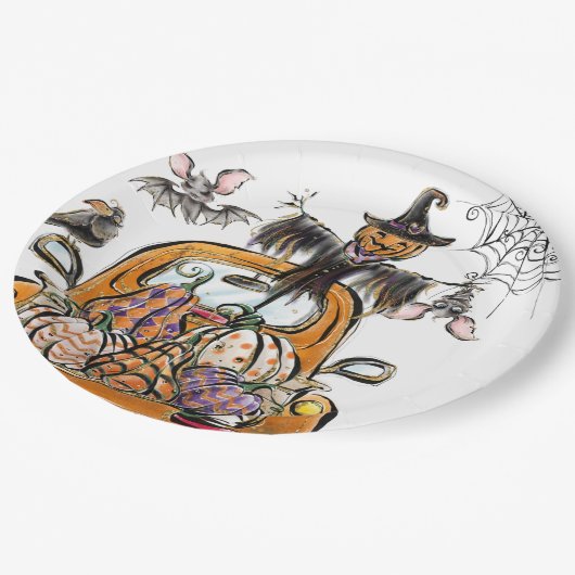 Assiettes En Carton Chute Citrouille Patuck avec chauve-souris épouvan (Angle)