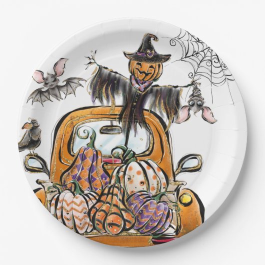 Assiettes En Carton Chute Citrouille Patuck avec chauve-souris épouvan (Devant)