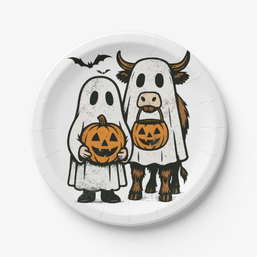 Assiettes En Carton Chute Cute Vache Highland Ghost Halloween (Devant)