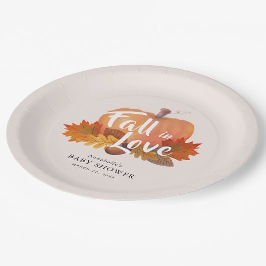 Assiettes En Carton Chute en Amour Citrouille Feuille Baby shower rose (Angle)