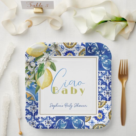 Assiettes En Carton Ciao Baby Carrelage bleu Citrus Citron Baby Douche (Mariage)