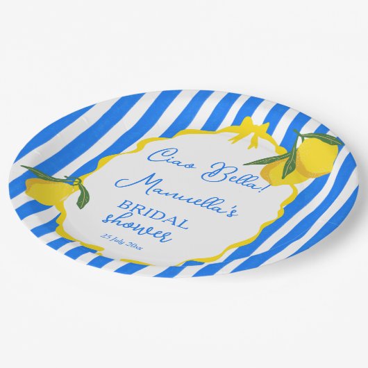 Assiettes En Carton Ciao bella bleu rayures citrons nuptiale (Angle)