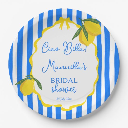 Assiettes En Carton Ciao bella bleu rayures citrons nuptiale (Devant)