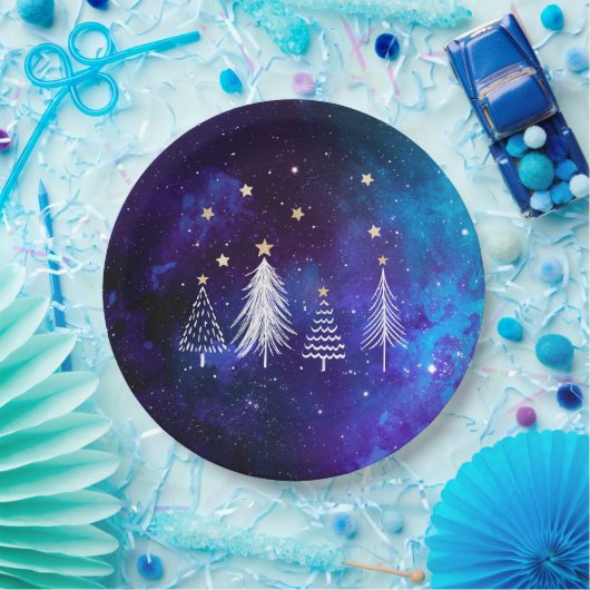 Assiettes En Carton Ciel de Noël, Bleu, Blanc, Étoiles, Fête (Fête)