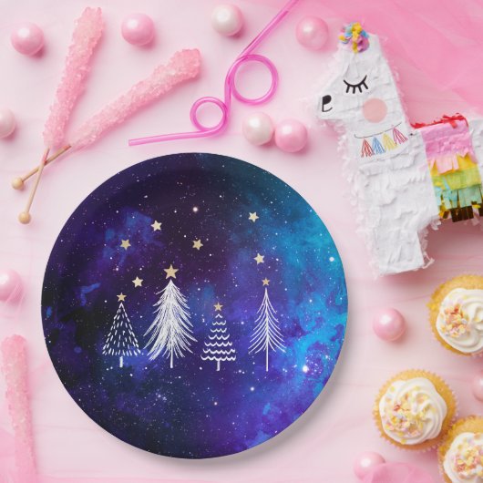 Assiettes En Carton Ciel de Noël, Bleu, Blanc, Étoiles, Fête (Fête)