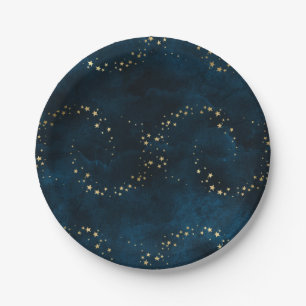 Assiettes En Carton Ciel nocturne étoilé bleu foncé étoiles dorées spi