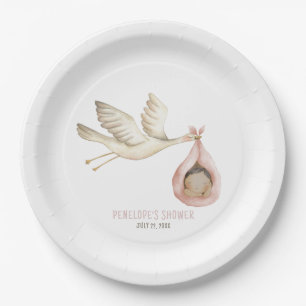 Assiettes En Carton Cigogne livraison spéciale Rose Fille Baby Shower