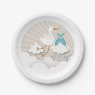 Assiettes En Carton Cigogne + Nuages avec le baby shower bleu de