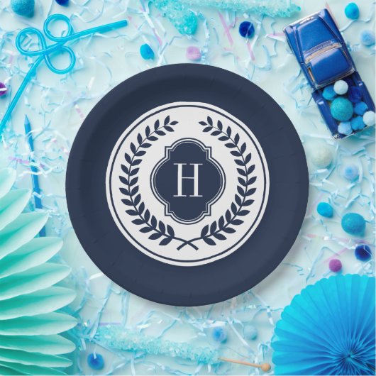 Assiettes En Carton Cimetière monogramme bleu et blanc (Fête)