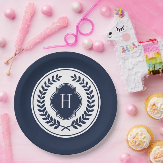 Assiettes En Carton Cimetière monogramme bleu et blanc (Fête)