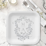Assiettes En Carton Cimier floral gris classique Monogramme Mariage<br><div class="desc">Élégante plaque de papier mariage à fleurs gris victorien français. Pour une personnalisation plus avancée de cette conception,  cliquez sur le BOUTON DESIGN TOOL ci-dessus !</div>