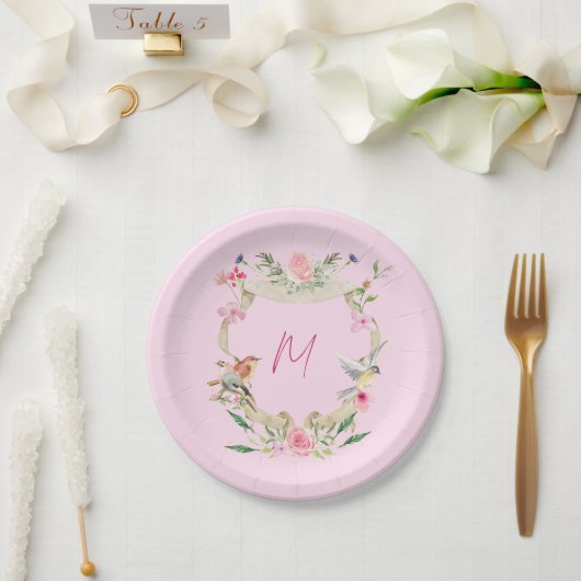 Assiettes En Carton Cimier Floral Monogrammé (Mariage)
