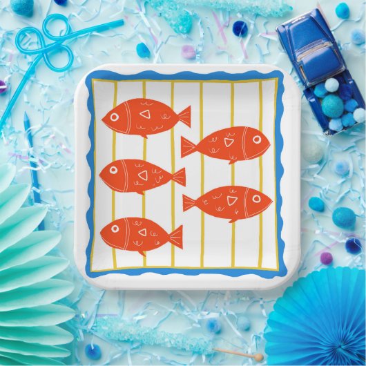 Assiettes En Carton Cinq poissons amusants conception nautique (Fête)