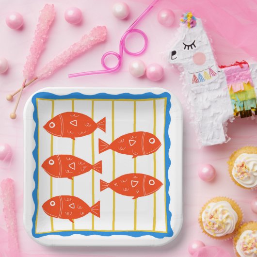 Assiettes En Carton Cinq poissons amusants conception nautique (Fête)
