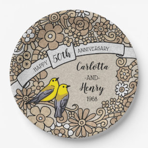 Assiettes En Carton Cinquantième anniversaire personnalisé, oiseaux
