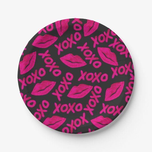 Assiettes En Carton Citation XOXO noir Neon rose lèvres Motif (Devant)