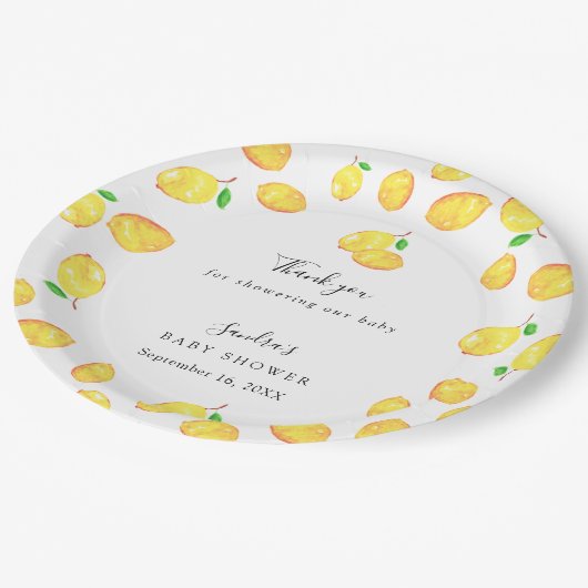 Assiettes En Carton Citron Baby shower à thème Citrus Script moderne (Angle)