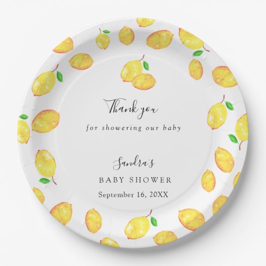 Assiettes En Carton Citron Baby shower à thème Citrus Script moderne (Devant)