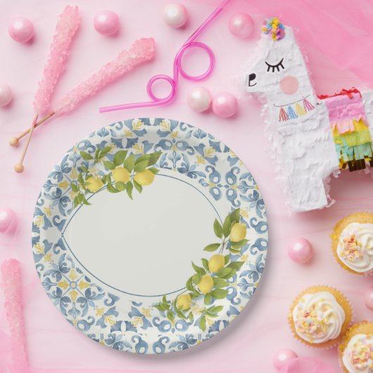 Assiettes En Carton Citron en carrelage bleu italien (Fête)