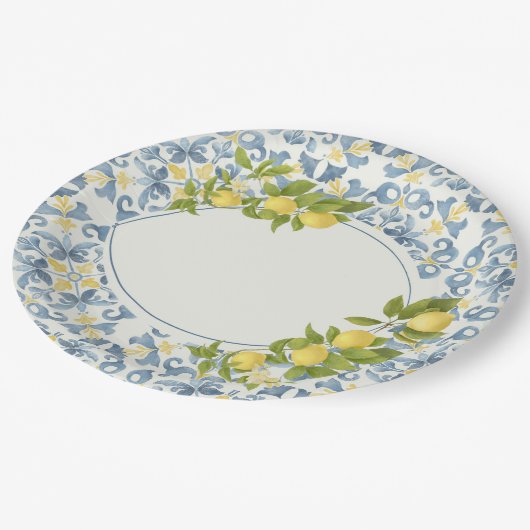 Assiettes En Carton Citron en carrelage bleu italien (Angle)