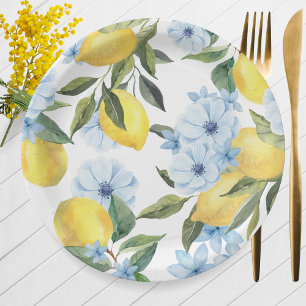 Assiettes En Carton Citron et Fleur Aquarelle Blanche