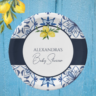 Assiettes En Carton Citron jaune bleu italien Baby shower