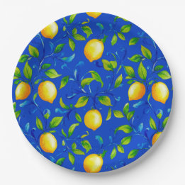 Assiettes En Carton Citrons de jardin italien ensoleillé. Ciel bleu.