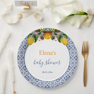 Assiettes En Carton Citrons d'Italie blanc et bleu Amalfi Baby shower