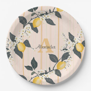 Assiettes En Carton Citrons et fleurs vintages sur bandes roses