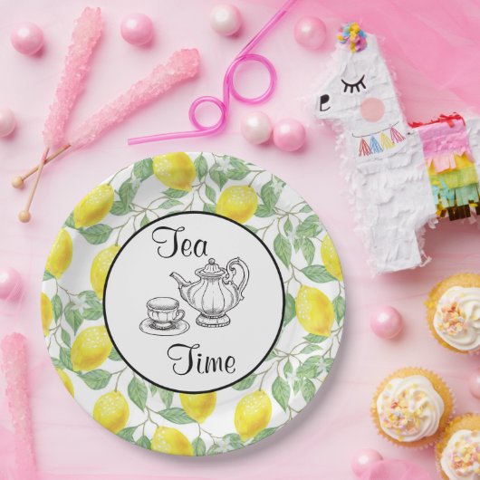 Assiettes En Carton Citrons jaunes avec thé Motif vert (Fête)