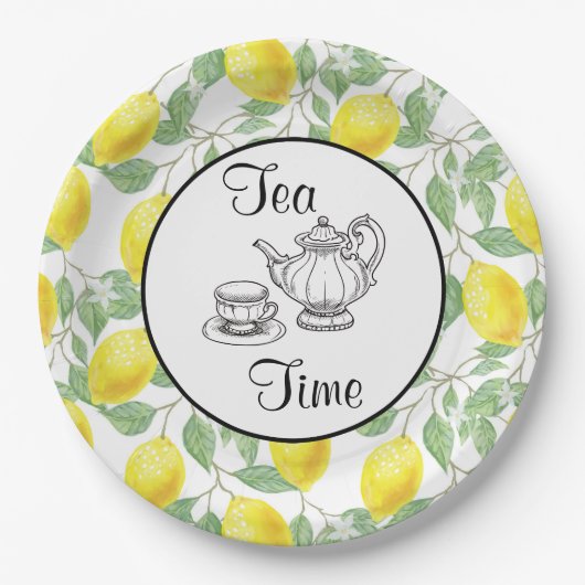 Assiettes En Carton Citrons jaunes avec thé Motif vert (Devant)
