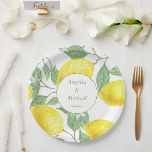 Assiettes En Carton Citrons Jaunes d'or moderne Mariage Feuille vert (Mariage)
