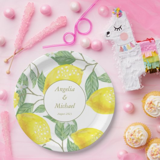 Assiettes En Carton Citrons Jaunes d'or moderne Mariage Feuille vert (Fête)