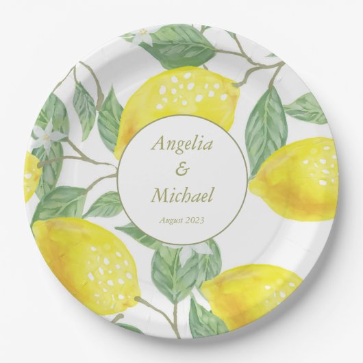 Assiettes En Carton Citrons Jaunes d'or moderne Mariage Feuille vert (Devant)